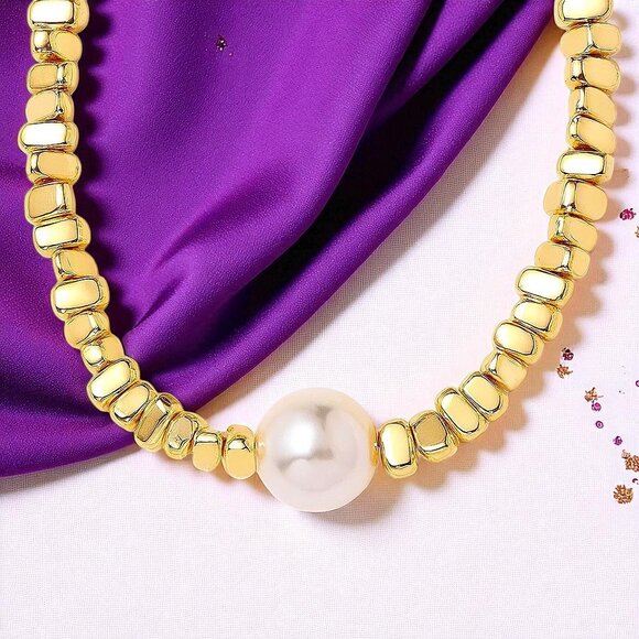 🆕 Chunky Statement Necklace Gold Plated Stainless Steel Crushed Stone Pearl - Picture 1 of 16